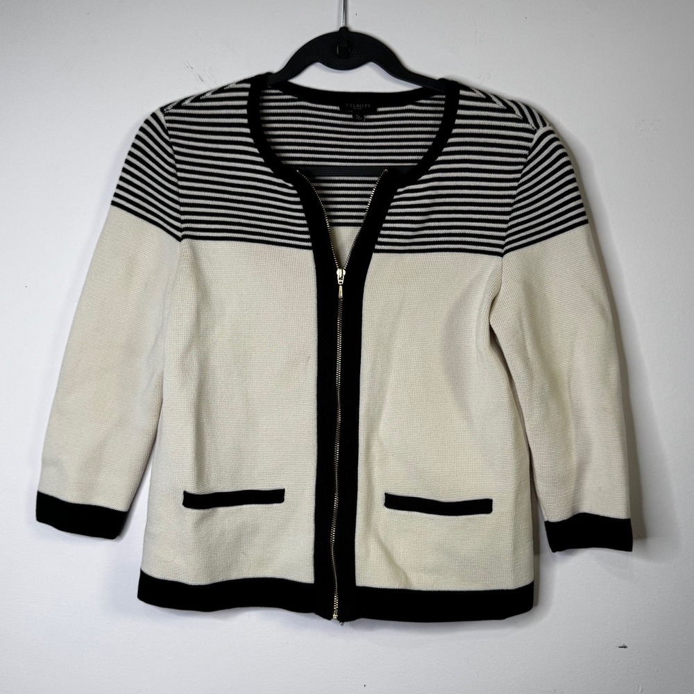 Talbots Petites Black Ivory Striped Zip Front Cardigan Sweater SP 11215970